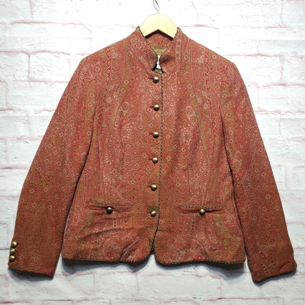 Worth Jacket Womens 12 Red‎ Wool Paisley Mandarin Collar Button Front Made USA